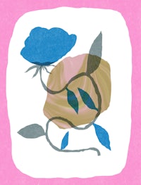 an illustration of a blue flower on a pink background